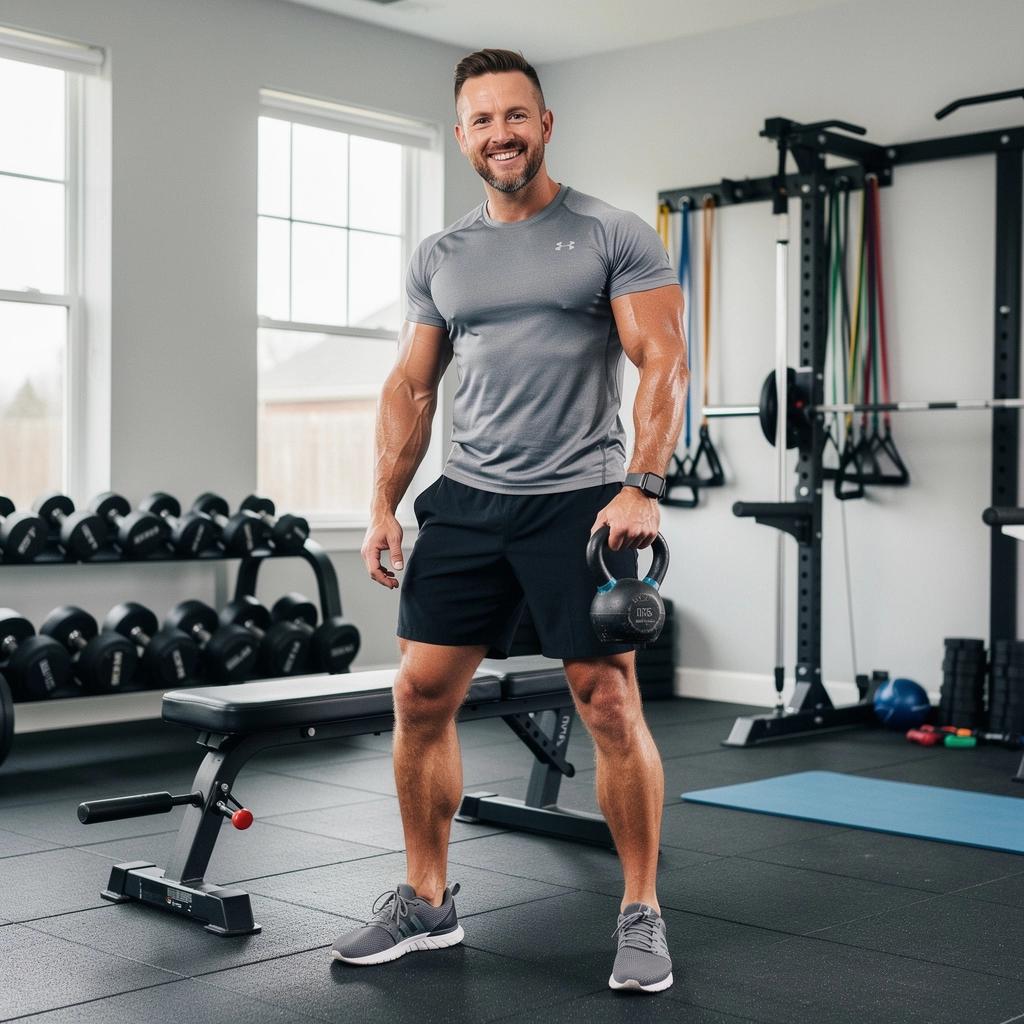 Cvičiaci muži a ženy nad 40 rokov počas online tréningu doma.